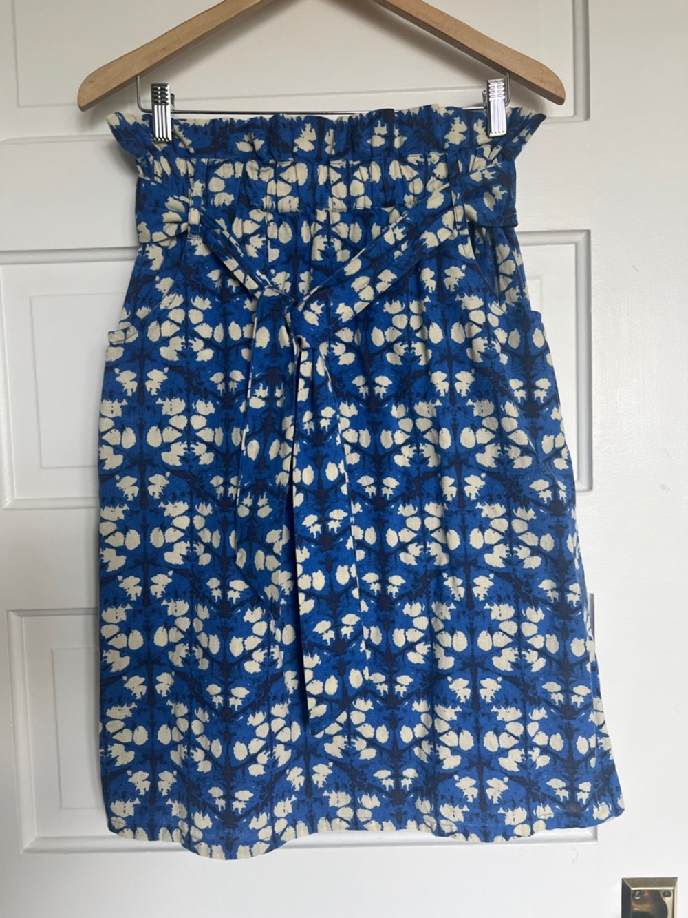 Anthropologie Blue Floral Paperbag Waist Skirt with Tie